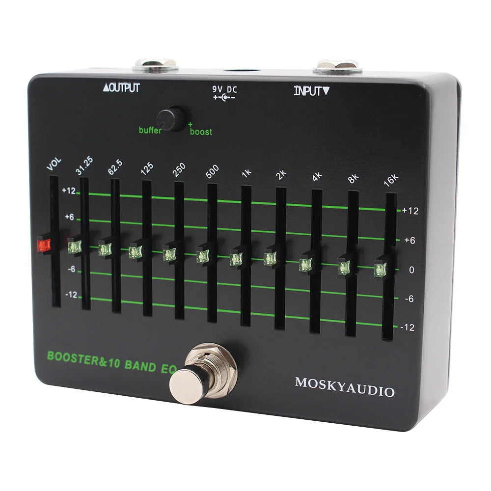 Black mosky clean booster ten band eq effect pedal with green led sliders and true bypass buffer for guitar use