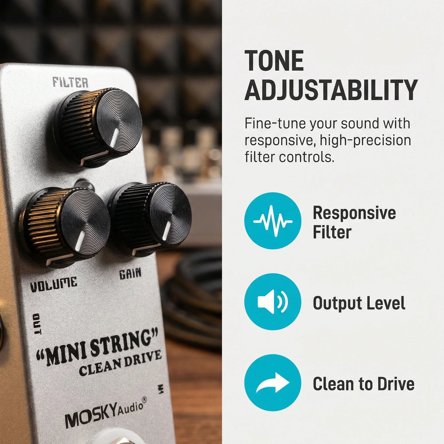 Silver metal mosky electric guitar overdrive pedal with black knobs labeled filter volume and gain for clean drive metal effects