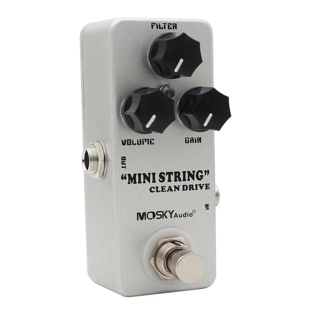 Silver metal mosky electric guitar overdrive pedal with black knobs and dynamic clean drive metal eq control