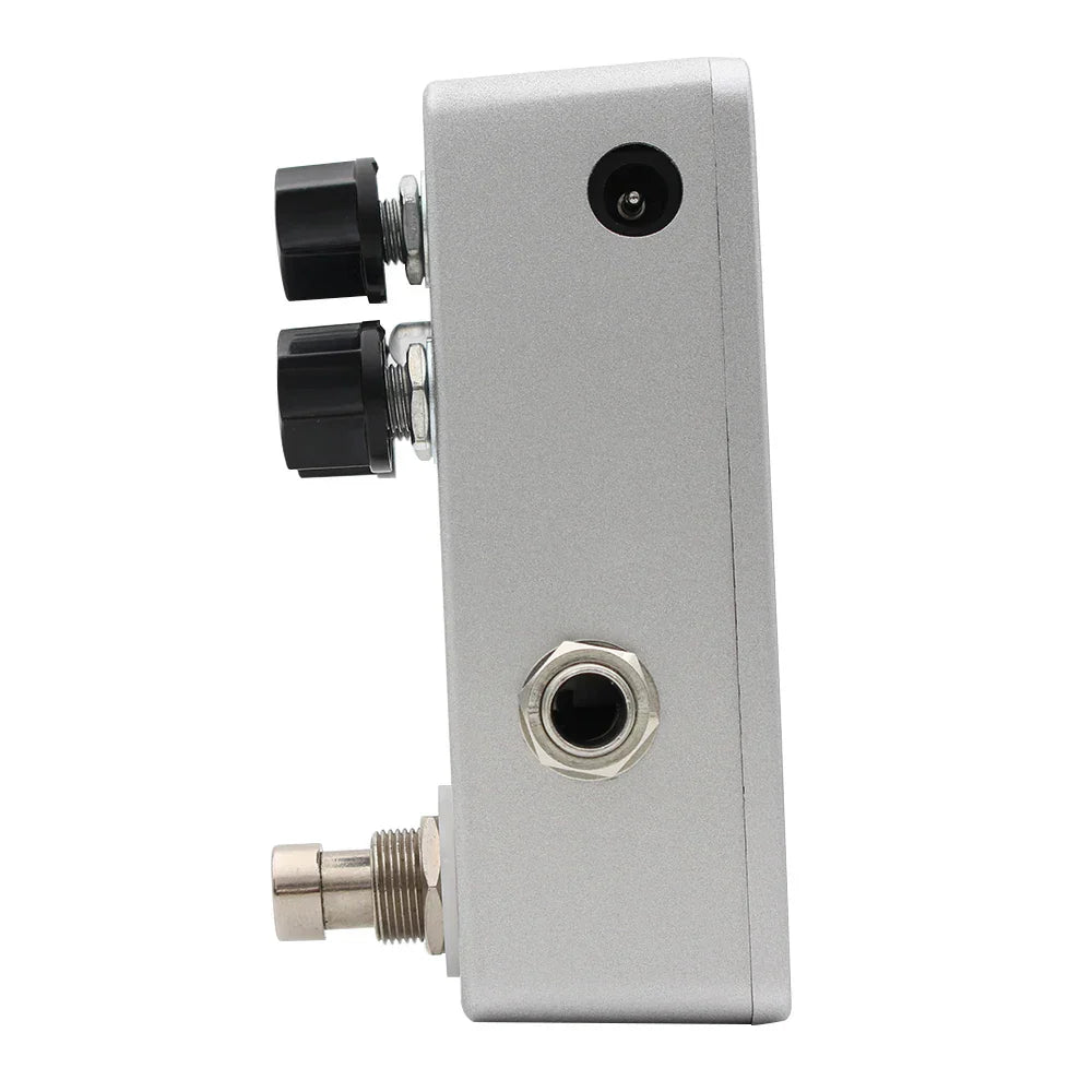 Silver mosky electric guitar overdrive pedal with two black knobs and hexagonal input jack clean drive metal shell