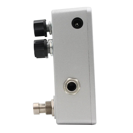 Silver mosky electric guitar overdrive pedal with two black knobs and hexagonal input jack clean drive metal shell