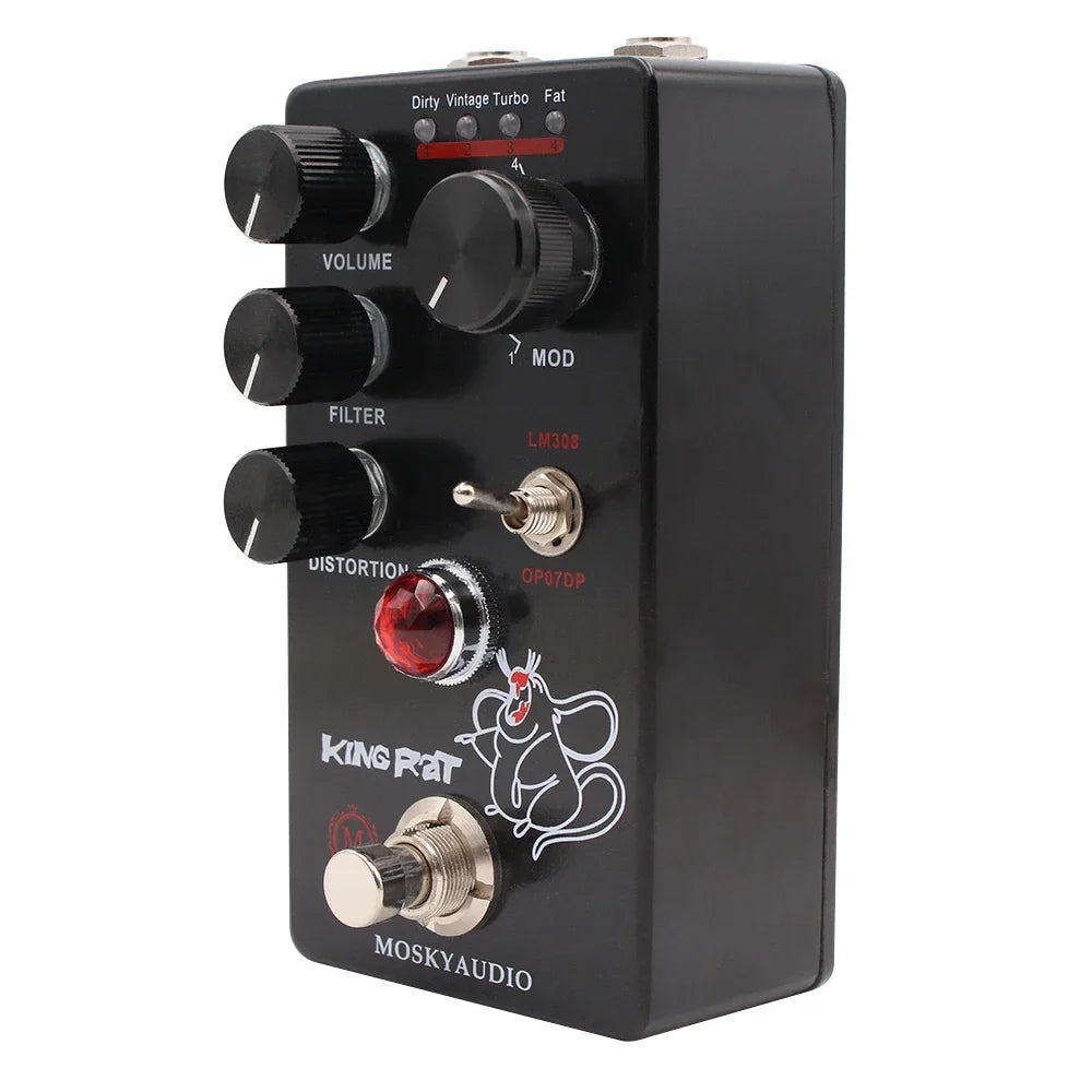 Black moskyaudio king rat distortion pedal with three black knobs red toggle switch and white rat graphic for total volume guitar effects