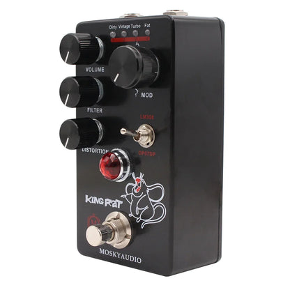 Black moskyaudio king rat distortion pedal with three black knobs red toggle switch and white rat graphic for total volume guitar effects