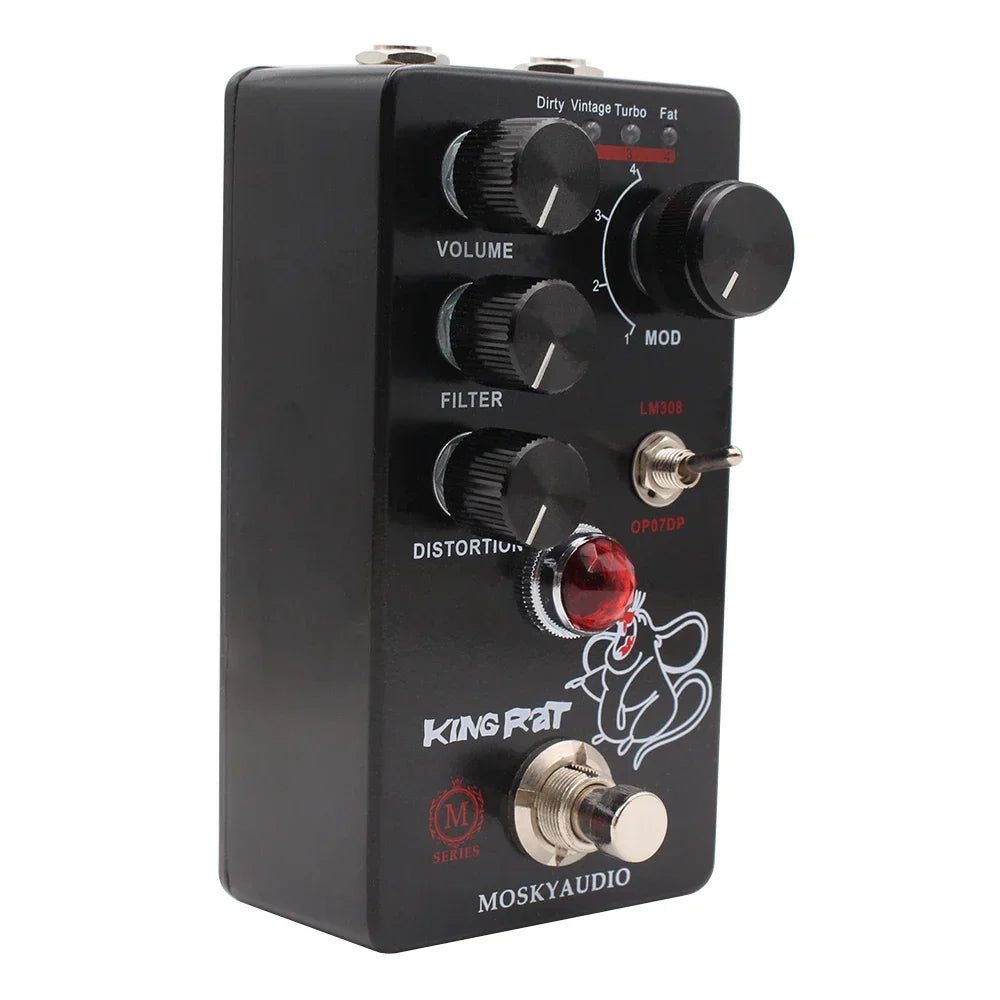 Black king rat distortion pedal by moskyaudio with red gemstone knob and white rat logo for guitar effects total volume control