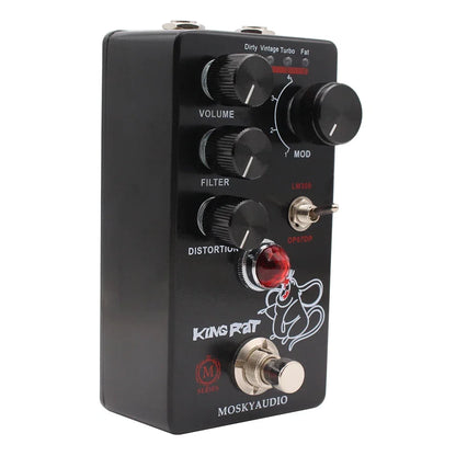Black king rat distortion pedal by moskyaudio with red gemstone knob and white rat logo for guitar effects total volume control