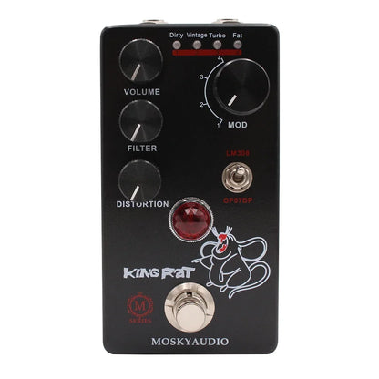 Black king rat distortion pedal by moskyaudio with white rat graphic, red gem knob, silver footswitch for guitar effects total volume control