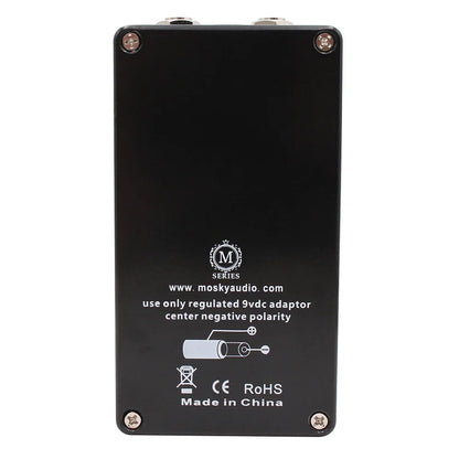 Black rectangular mosky king rat guitar effects distortion pedal with silver screws and total volume control for guitar bass