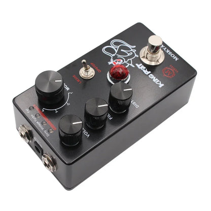 Black rectangular mosky king rat guitar effects distortion pedal with red gem knob silver switches and total volume control