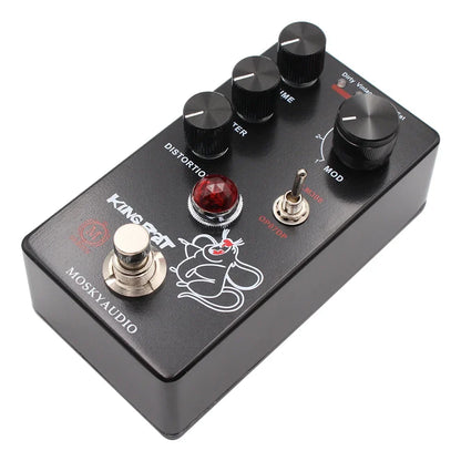 Black mosky king rat guitar effects distortion pedal with red knob silver footswitch and total volume control
