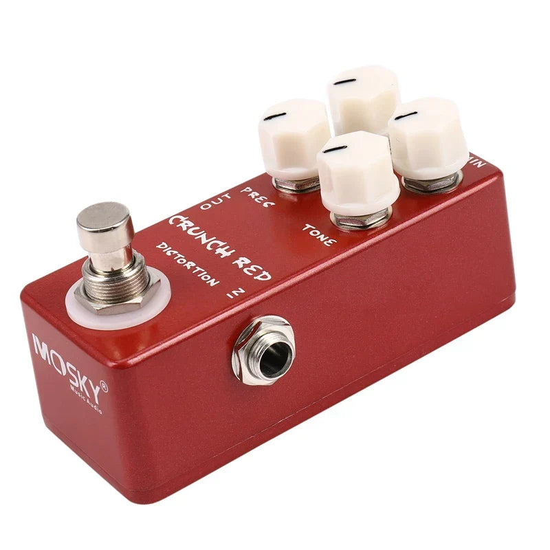 Red metallic mosky mini crunch red distortion guitar pedal with white knobs silver input output jacks full metal shell