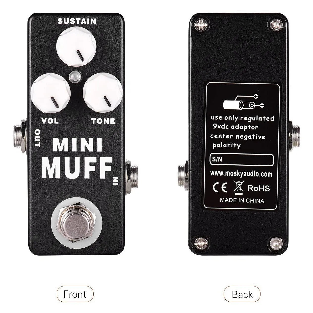 Black mosky mini muff fuzz distortion guitar pedal with white knobs silver footswitch and inch monaural jack bypass status