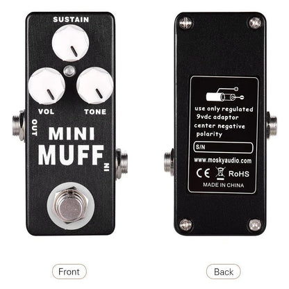 Black mosky mini muff fuzz distortion guitar pedal with white knobs silver footswitch and inch monaural jack bypass status