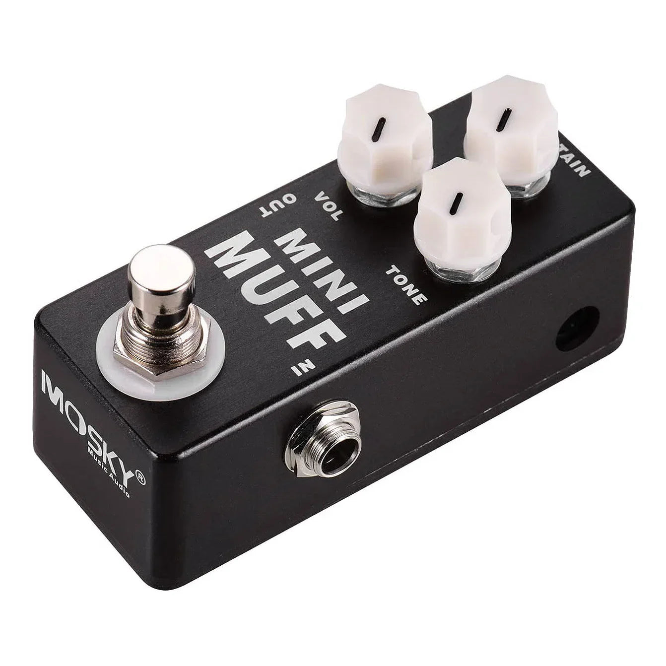 Black metal-bodied mosky mini muff fuzz distortion pedal with white hexagonal knobs silver footswitch and bypass status indicator