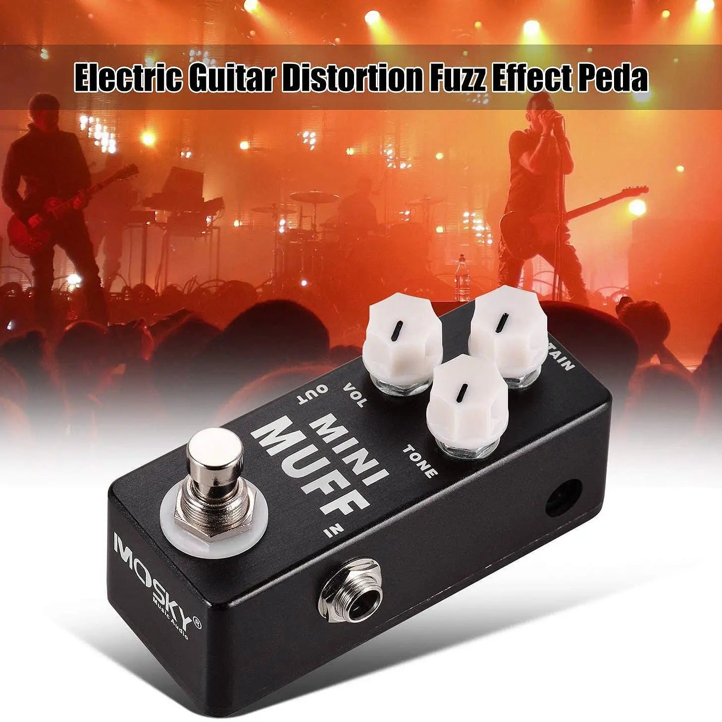 Black rectangular mosky mini muff fuzz distortion electric guitar effect pedal with white knobs silver footswitch and bypass status