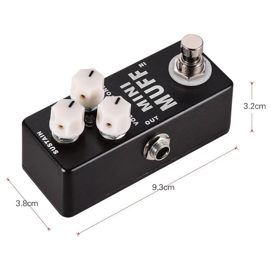 Mosky mini muff black sustain guitar effects pedal with three white knobs silver footswitch and inch monaural jack bypass status