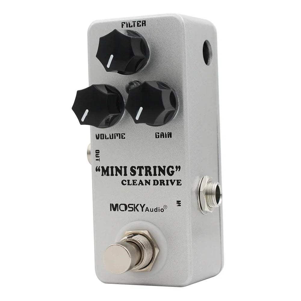 Silver metal mosky mini string clean drive overdrive guitar pedal with black knobs and silver footswitch for guitar and bass