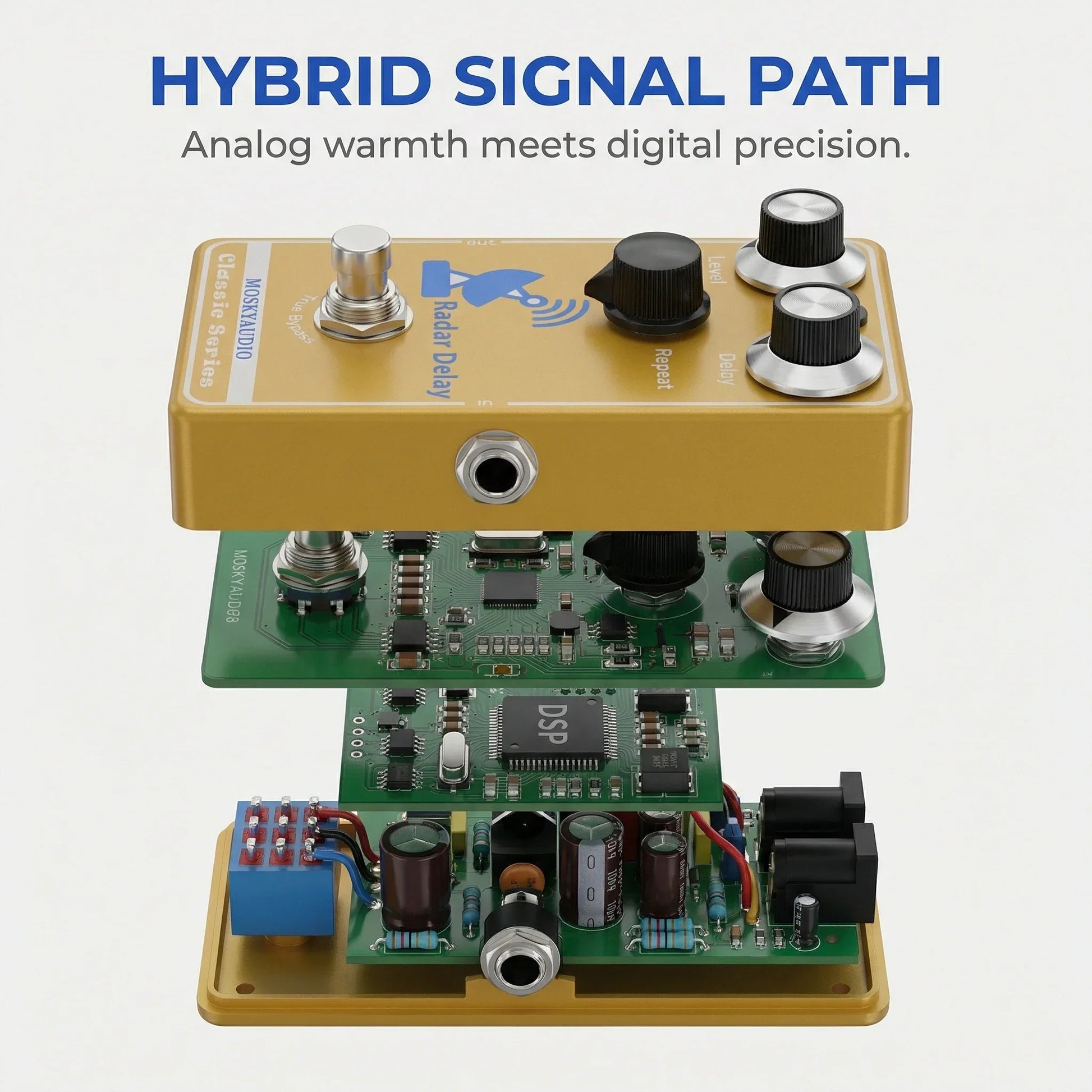 Gold-colored mosky radar delay pedal with analog digital hybrid design and delay level repeat controls for guitar and bass