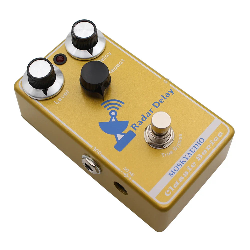 Yellow mosky radar delay analog digital hybrid guitar pedal with radar graphic black silver knobs and metallic footswitch