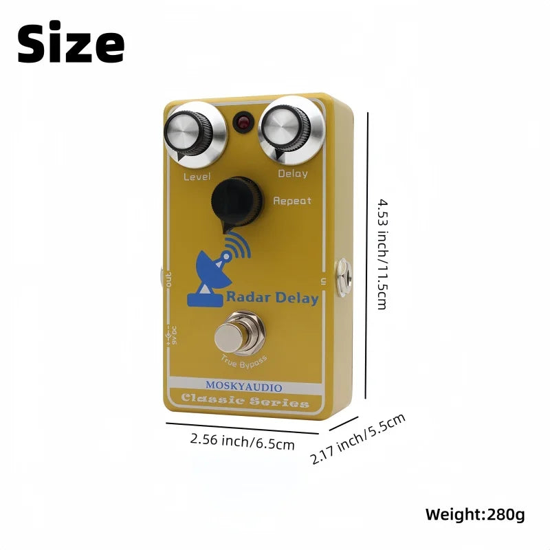 Yellow mosky radar delay analog digital hybrid guitar pedal with silver knobs and blue radar icon for electric guitar and bass