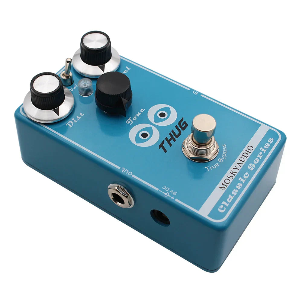 Blue mosky thug distortion guitar pedal with adjustable dist level black silver knobs and eye graphics faceplate