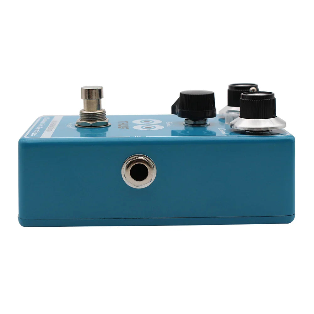 Blue mosky thug distortion guitar pedal with adjustable dist level black silver knobs and metal footswitch