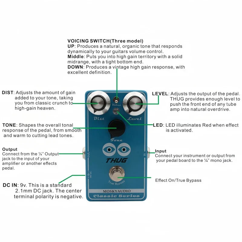 Blue mosky thug high gain distortion pedal with silver knobs eye-shaped logo and three tone modes distortion controls