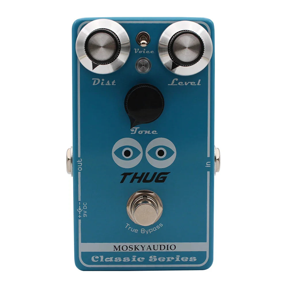 Blue mosky thug high gain distortion pedal with silver knobs black footswitch and 3 tone modes for guitar effects