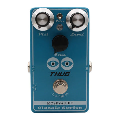 Blue mosky thug high gain distortion pedal with silver knobs black footswitch and 3 tone modes for guitar effects