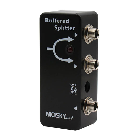Black moskyaudio buffered splitter with three silver rca jacks and red led indicator for splitter clean tone dual output splitter