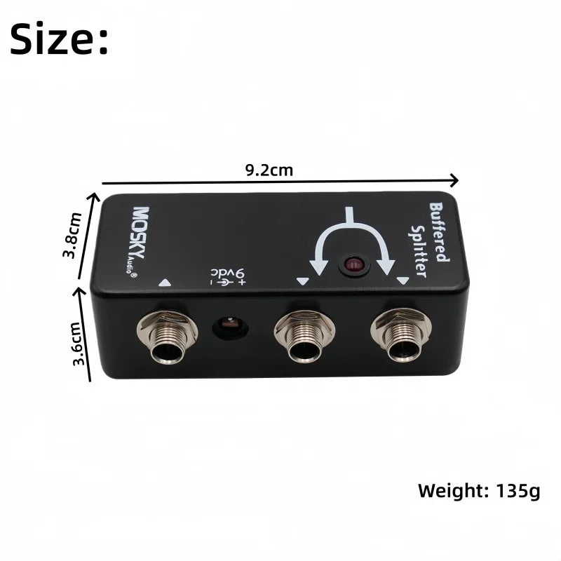 Black moskyaudio buffered splitter with three metallic input jacks and red led indicator for splitter clean tone preservation
