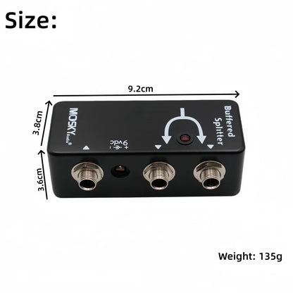 Black moskyaudio buffered splitter with three metallic input jacks and red led indicator for splitter clean tone preservation