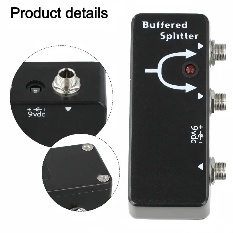 Black moskyaudio buffered splitter with three metallic coaxial connectors and red led indicator for dual output splitter clean tone
