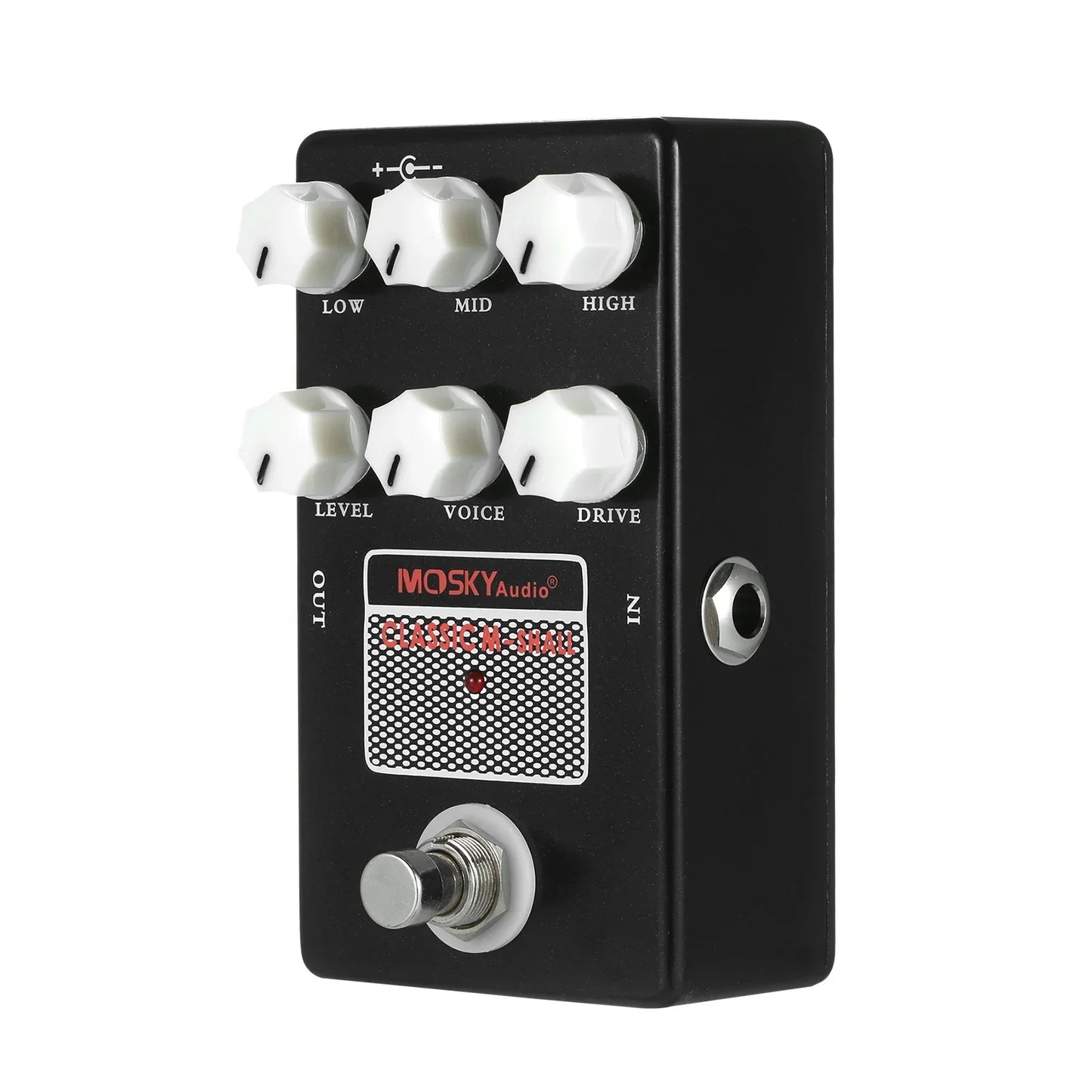 Black moskyaudio classic m-9840 guitar effects pedal with six white knobs and pedal amp simulation voice drive feature
