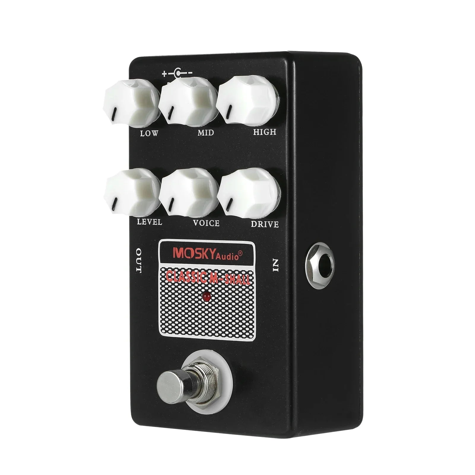 Black moskyaudio classic m-9840 guitar effects pedal with six white knobs and pedal amp simulation voice drive feature