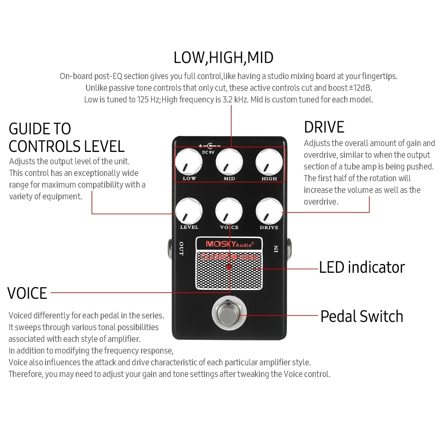 Black moskyaudio classic m-shall pedal amp simulation with white knobs and silver footswitch for guitar and bass players