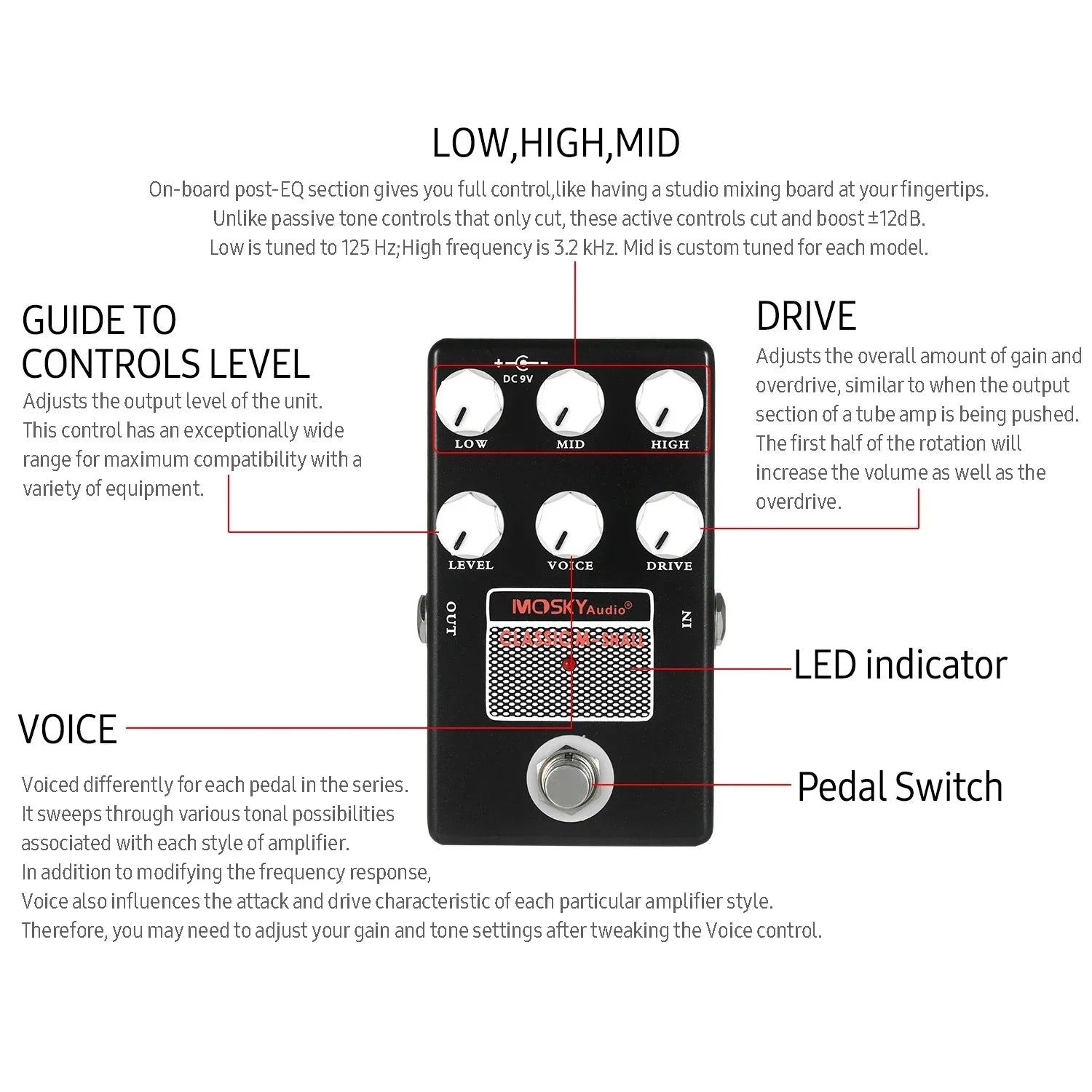 Black moskyaudio classic m-shall pedal amp simulation with white knobs and silver footswitch for guitar and bass players