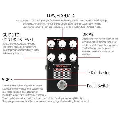 Black moskyaudio classic m-shall pedal amp simulation with white knobs and silver footswitch for guitar and bass players