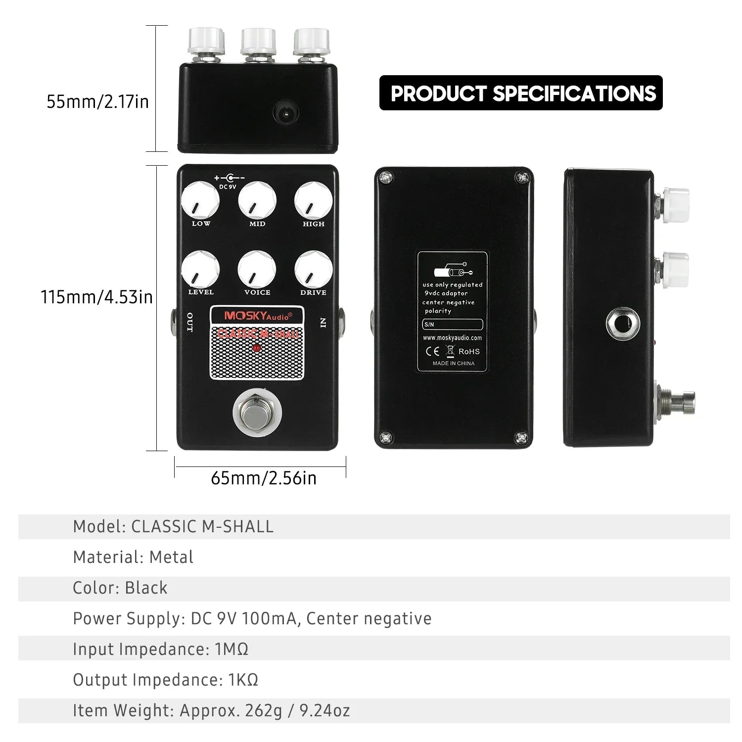 Black moskyaudio classic m-shall pedal amp simulation with white knobs and silver footswitch for guitar and bass players