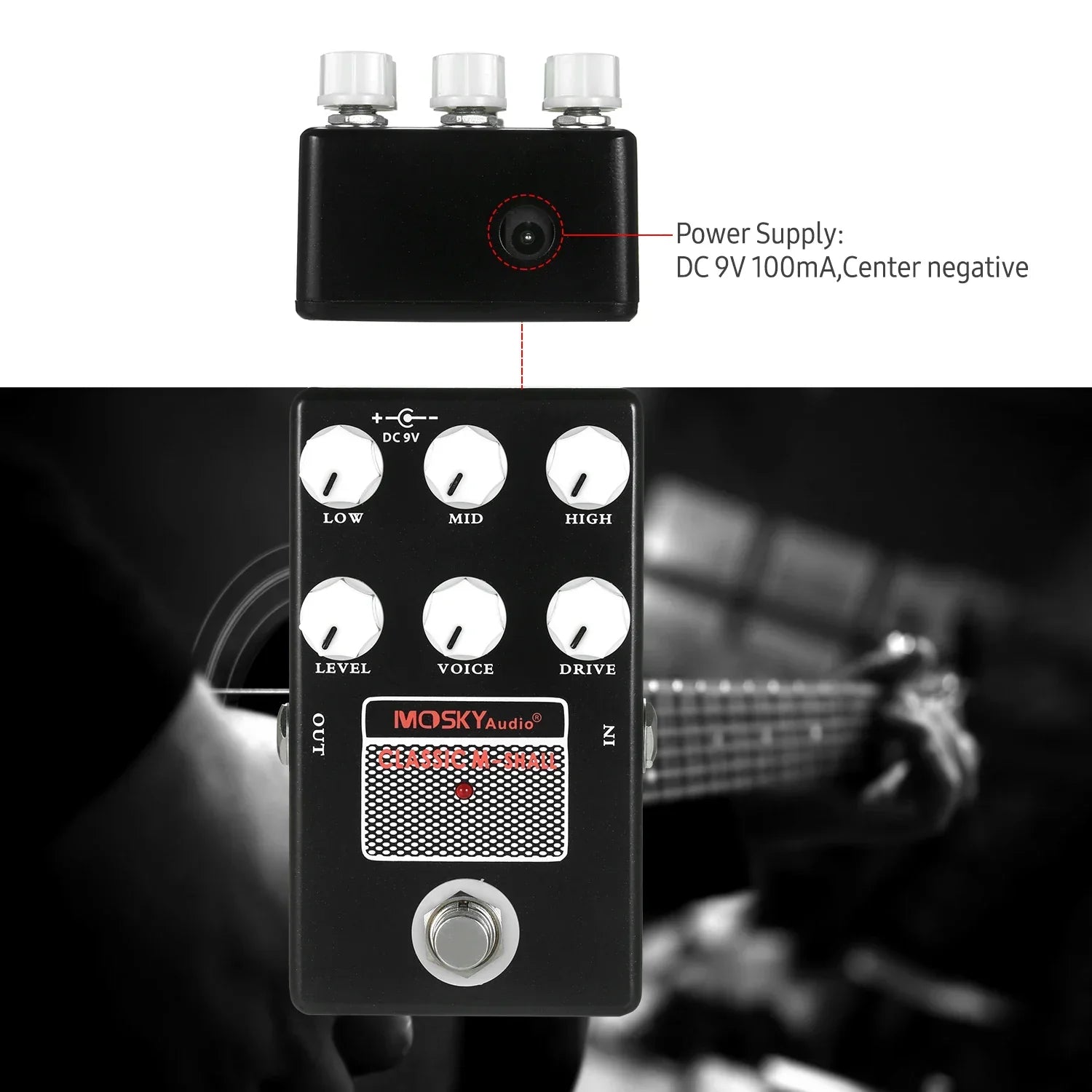 Black moskyaudio classic pedal amp simulation with white knobs and silver footswitch for guitar and bass players
