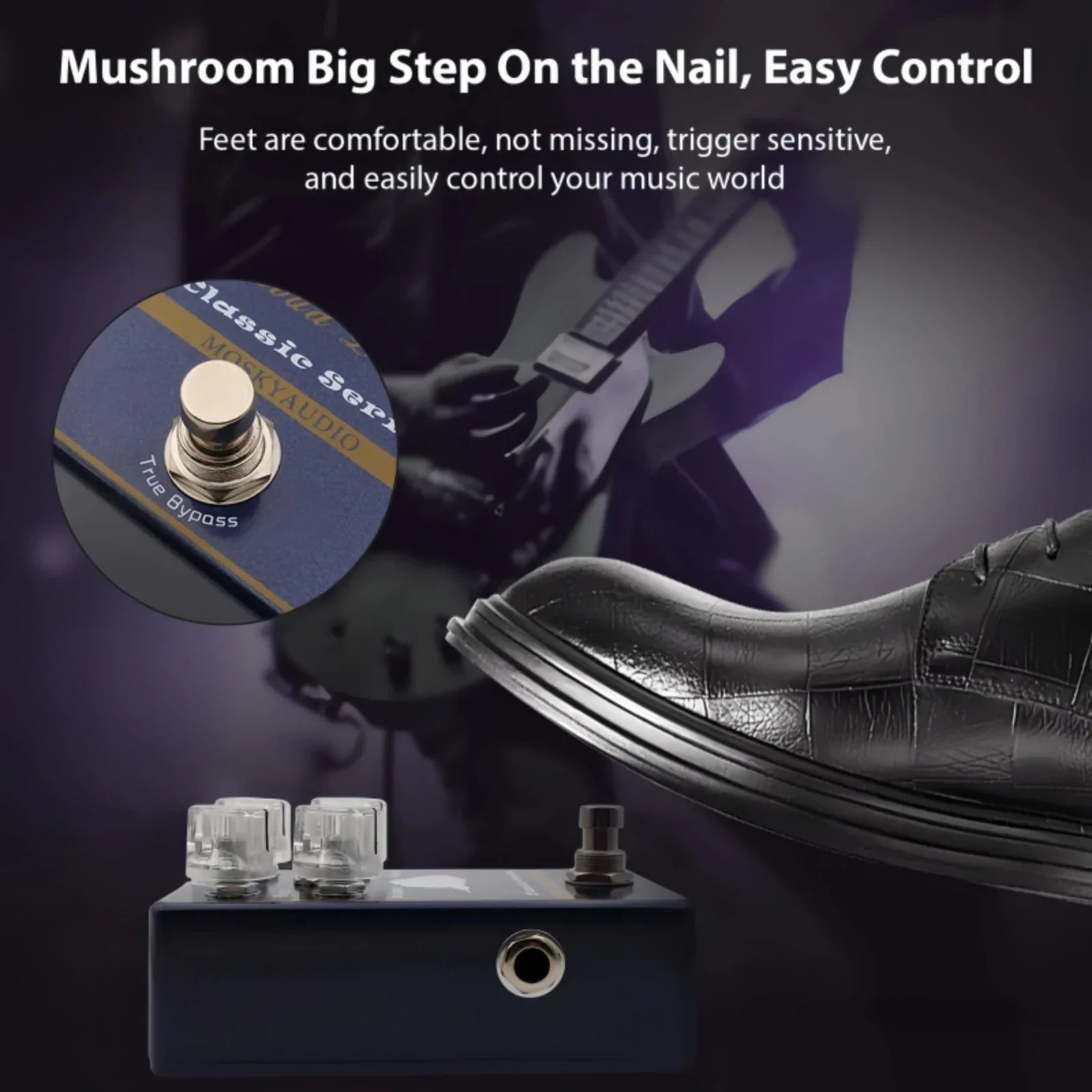 Black rectangular moskyaudio cloud drive classic clean overdrive guitar effect pedal with silver footswitches and flexible dual band eq knobs