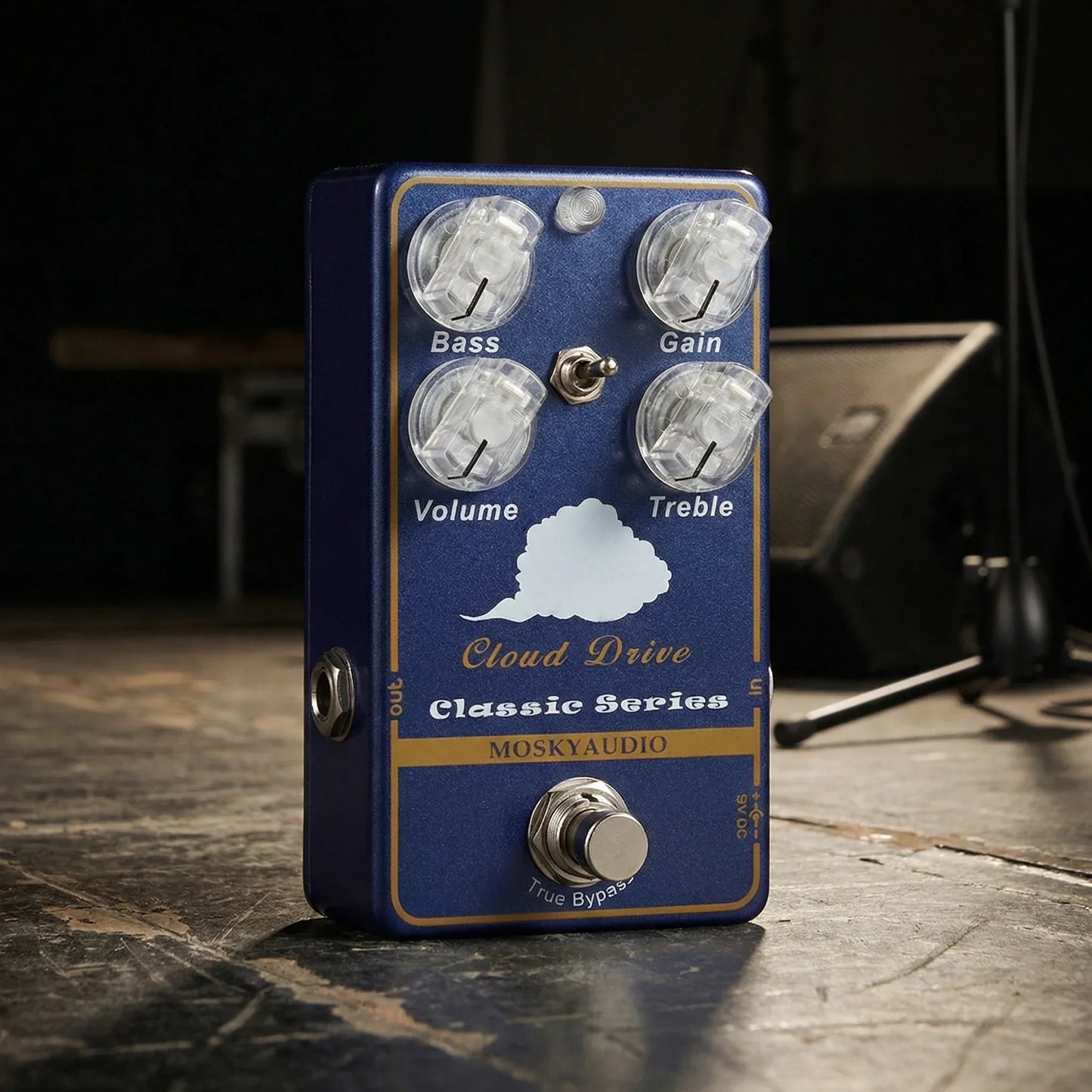 Blue moskyaudio cloud drive classic overdrive guitar effect pedal with clear knobs and flexible dual band EQ cloud graphic