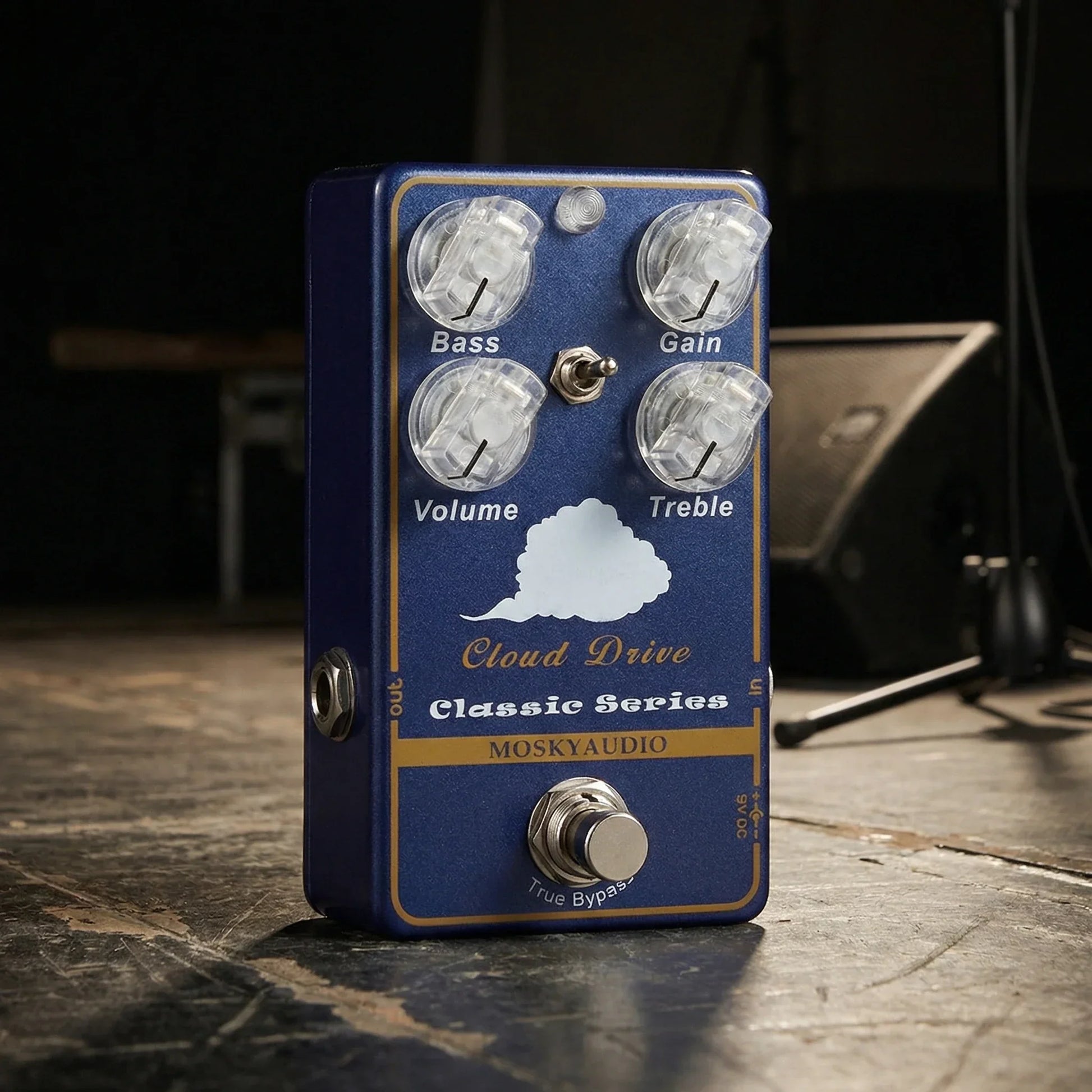 Blue moskyaudio cloud drive classic overdrive guitar effect pedal with clear knobs and flexible dual band EQ cloud graphic