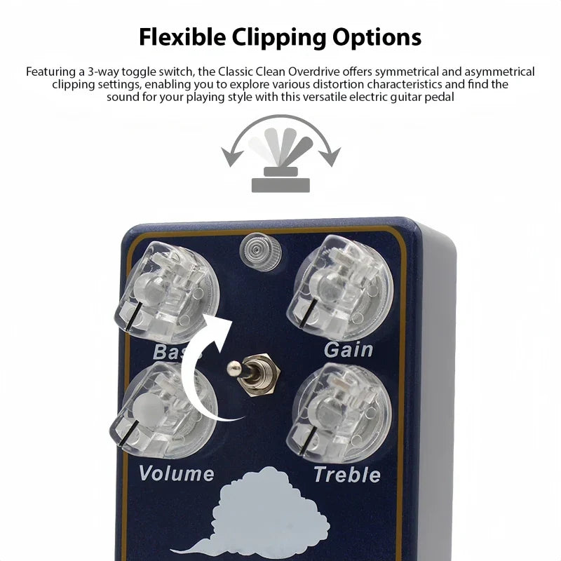Dark blue moskyaudio cloud drive classic clean overdrive guitar effect pedal with transparent knobs and flexible dual band eq