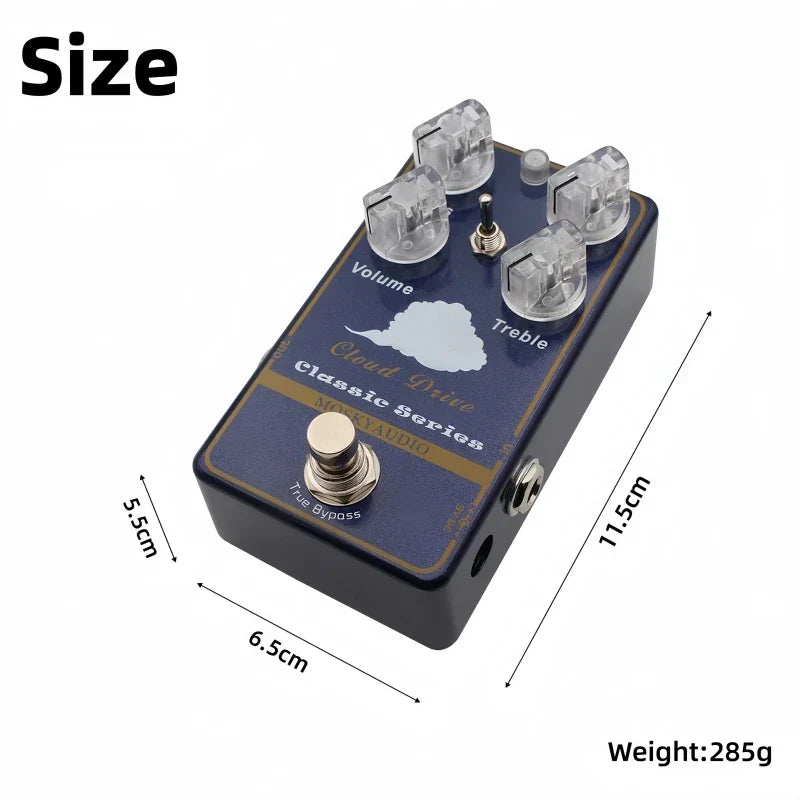 Dark blue moskyaudio cloud drive overdrive guitar effect pedal with clear knobs gold trim and flexible dual band EQ control