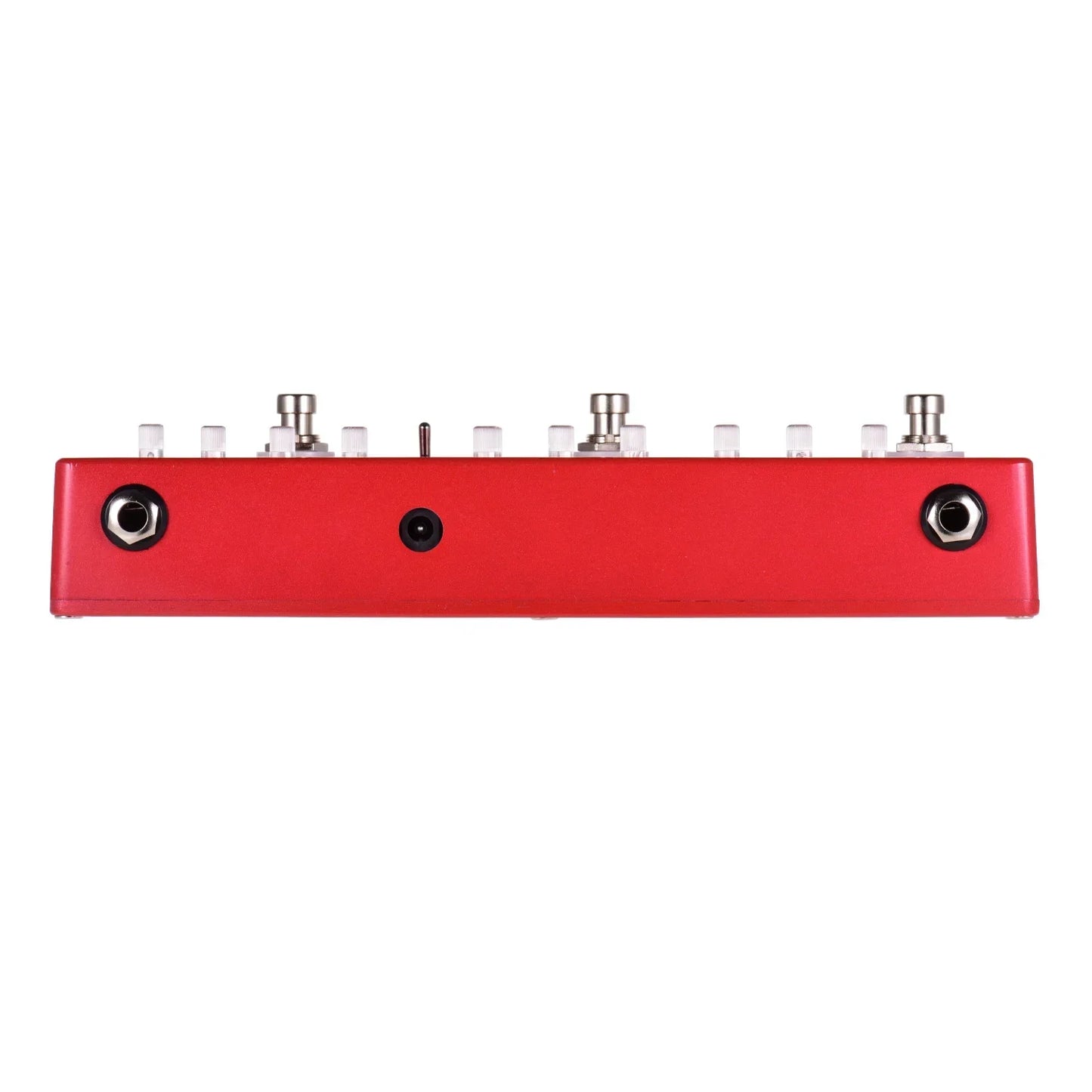 Red rectangular MOSKYAUDIO DC5 professional multi effects guitar pedal with six silver footswitches and delay chorus distortion features