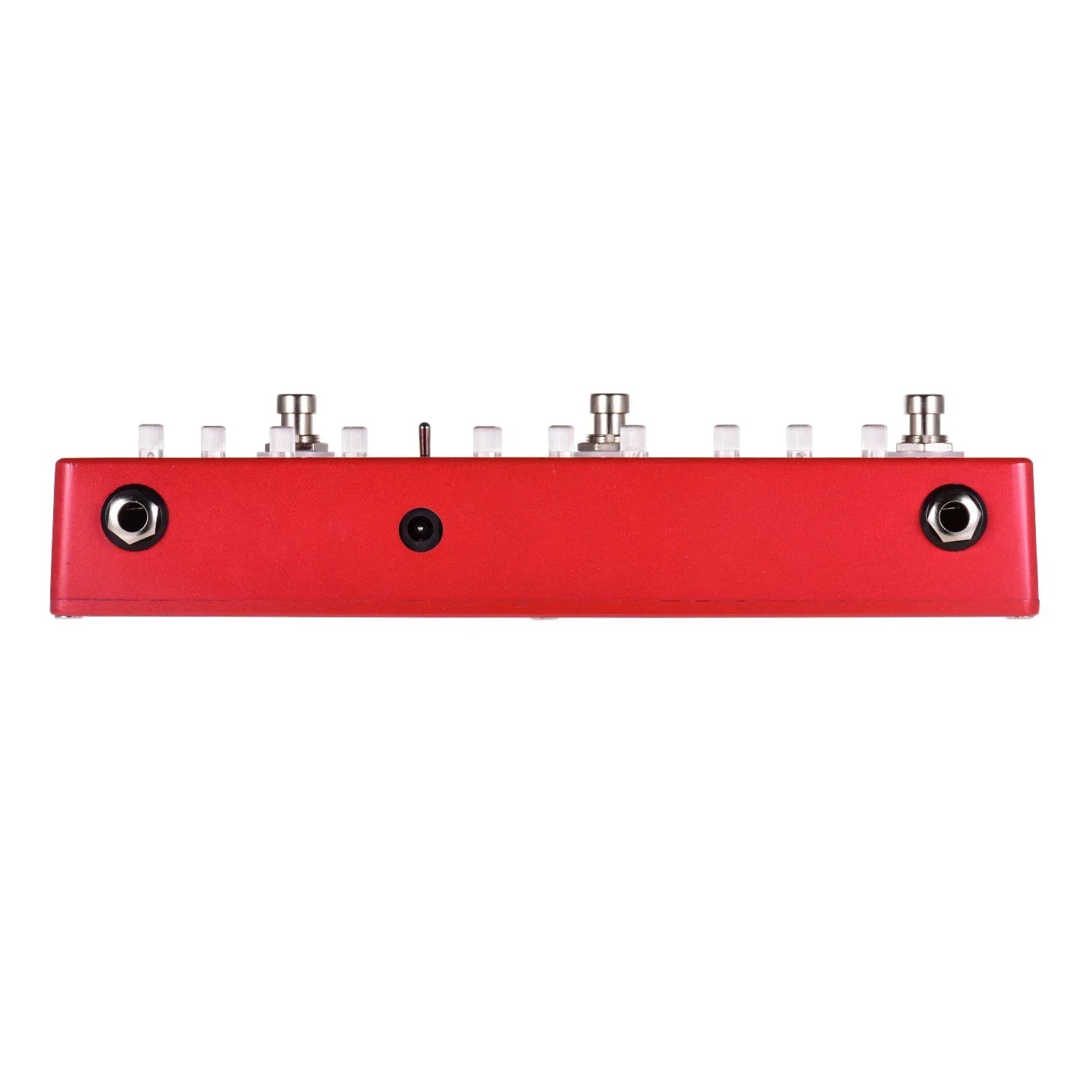 Red rectangular MOSKYAUDIO DC5 professional multi effects guitar pedal with six silver footswitches and delay chorus distortion features