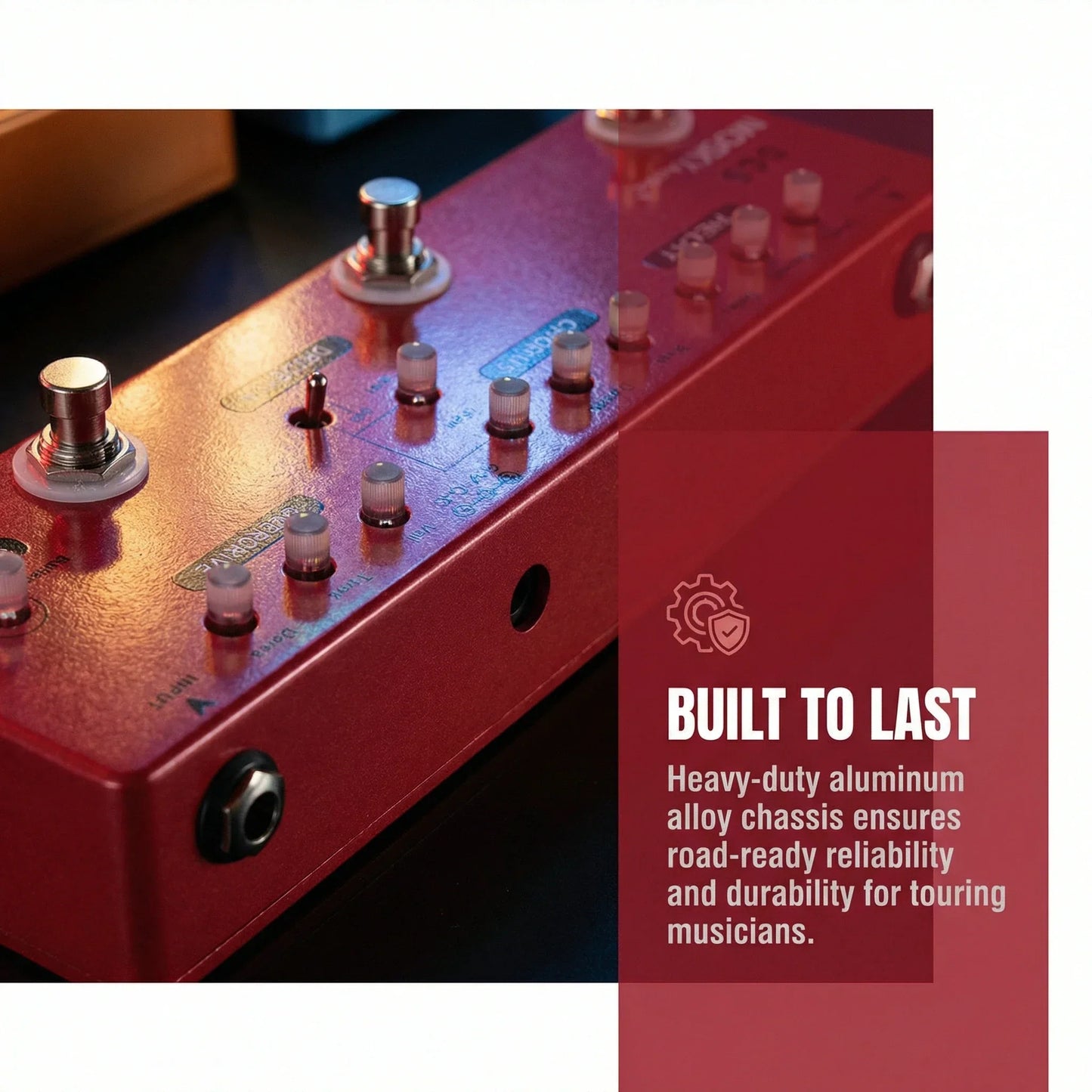 Red MOSKYAUDIO DC5 professional multi effects pedal with silver knobs and heavy-duty aluminum alloy chassis for delay chorus distortion overdrive booster