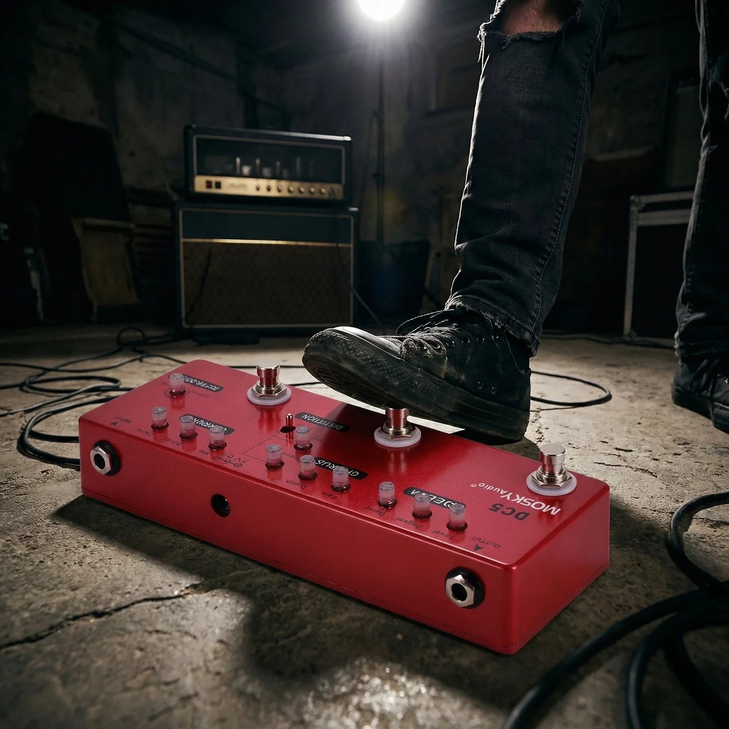Red Moog DC5 professional multi effects pedal with metallic knobs featuring delay chorus distortion overdrive booster functions