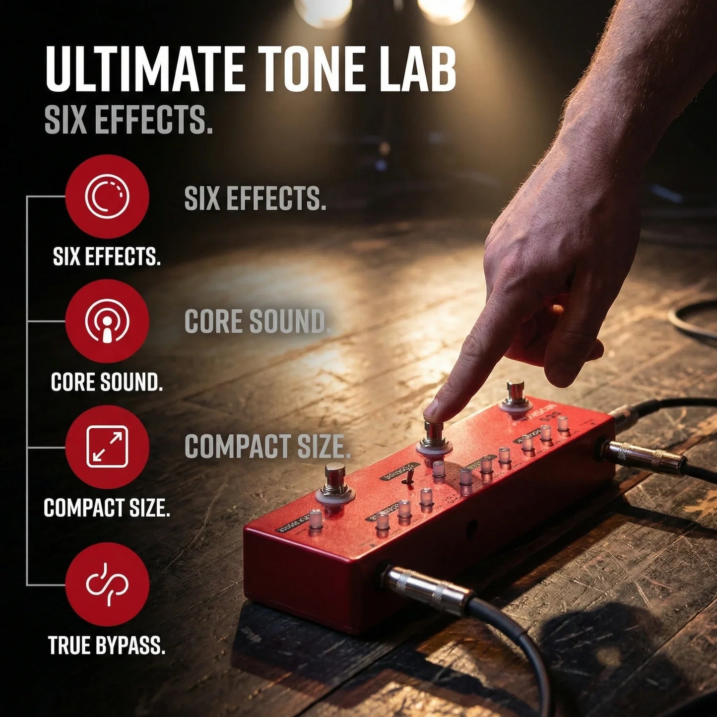 Red rectangular moskyaudio dc5 guitar multi-effects pedal with six knobs featuring distortion overdrive booster buffer