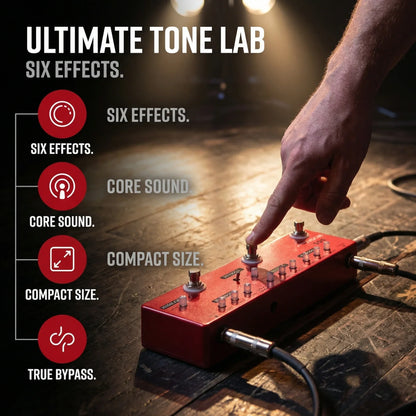 Red rectangular moskyaudio dc5 guitar multi-effects pedal with six knobs featuring distortion overdrive booster buffer